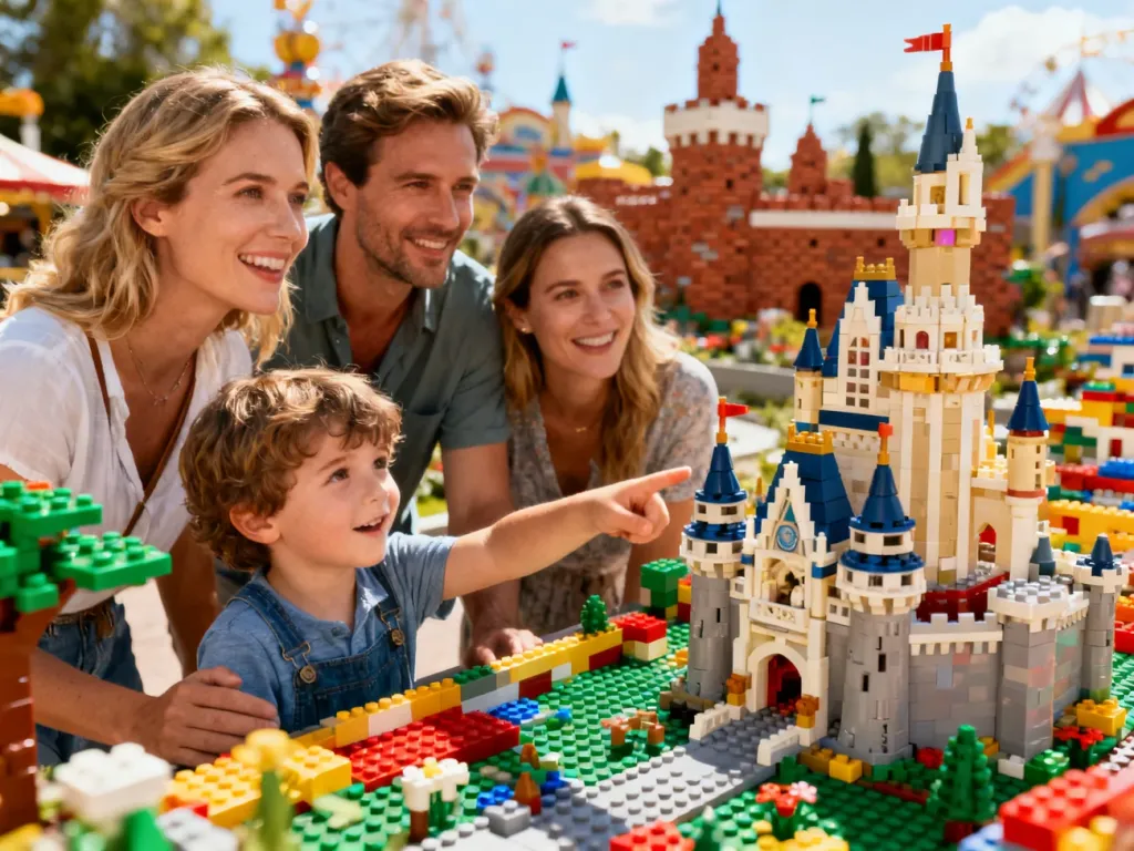 Szczęśliwa rodzina zwiedzająca kolorowy świat klocków w Legolandzie w Danii. Dziecko wskazuje na miniaturowy zamek.