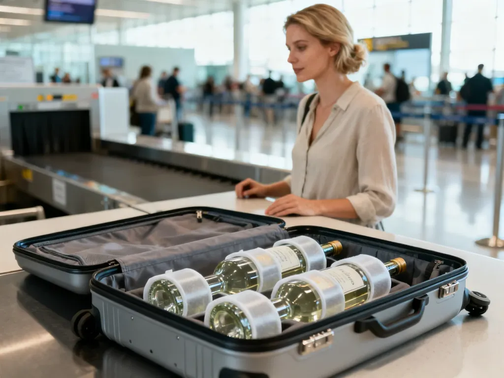 Kobieta przy stanowisku odprawy lotniskowej pakująca butelki alkoholu do walizki w celu bezpiecznego transportu samolotem.