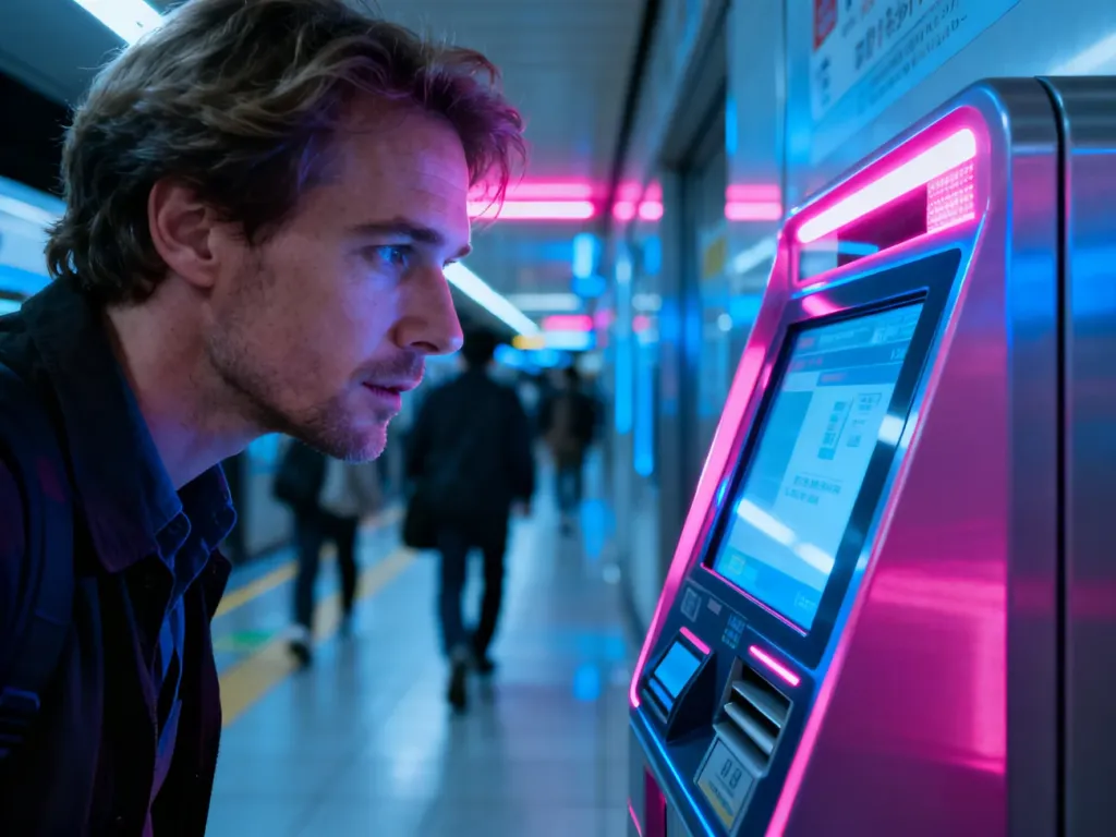 Mężczyzna kupujący bilet w nowoczesnym automacie na stacji metra w Tokio.