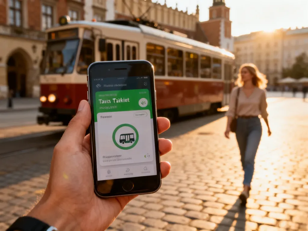 Dłoń trzymająca smartfon z aplikacją biletową na tle krakowskiego tramwaju i zabytkowej ulicy.
