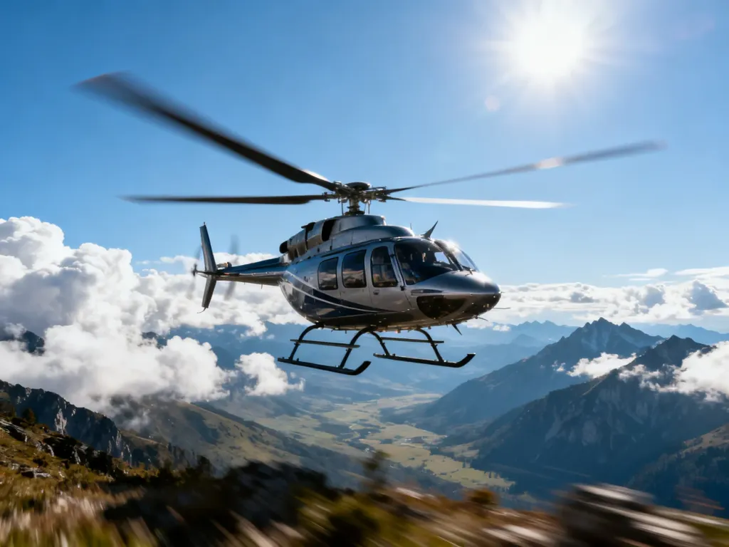 Nowoczesny helikopter w locie nad górskim krajobrazem, z rozmytymi łopatami wirnika podkreślającymi dużą prędkość maszyny.