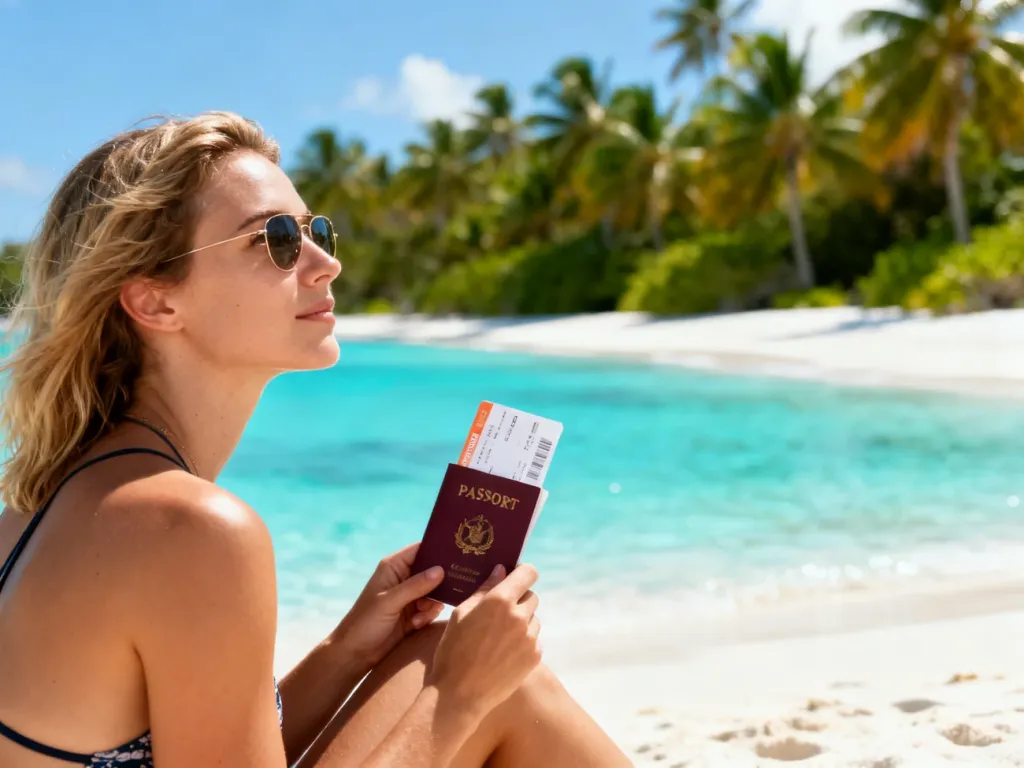 Kobieta z paszportem i kartą pokładową na tle rajskiej plaży z turkusową wodą i palmami, symbolizująca początek egzotycznej podróży.